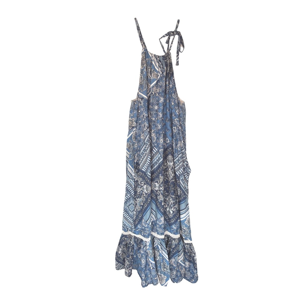 Lucky Brand Maxi Dress Women's‎ Blue White Patchwork Paisley Lace Trim Medium